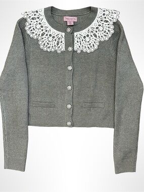 Paris Hilton Gray Cardigan with Decorative Lace Collar